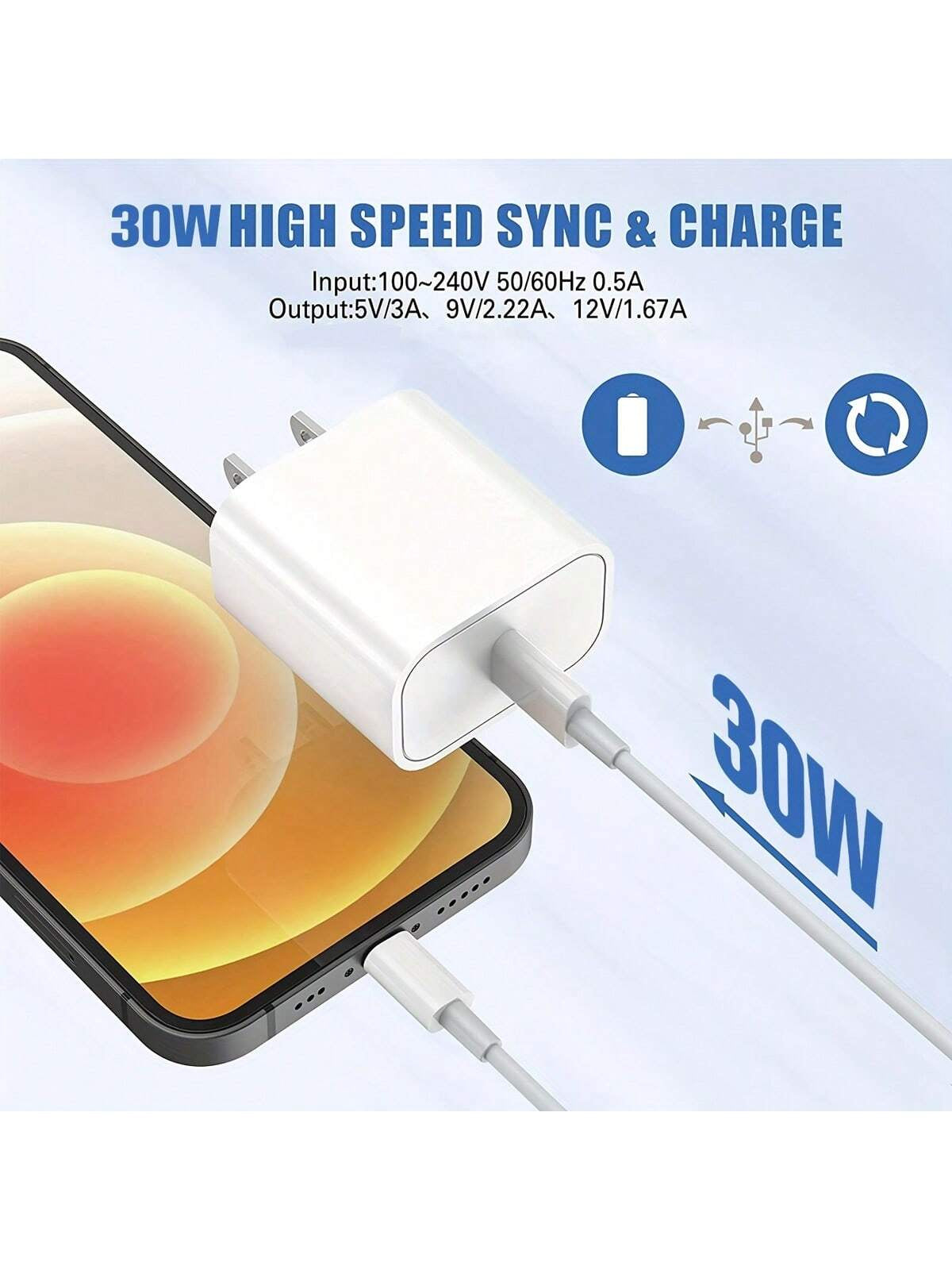 30W Charger Kit - 30W Fast Charging Adapter + 6.6Ft/200Cm High-Efficiency Data Sync Fast Charging Cable Compatible with Iphone 14/13/12/11 Pro/Plus/Xs/Xr/8/7/9, Ipad Series Wall Charger Set