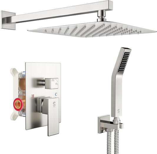 12 Inches Bathroom Luxury Rain Mixer Shower Combo Set Wall Mounted Rainfall Shower Head System Brushed Nickel Finish Shower Faucet Rough-In